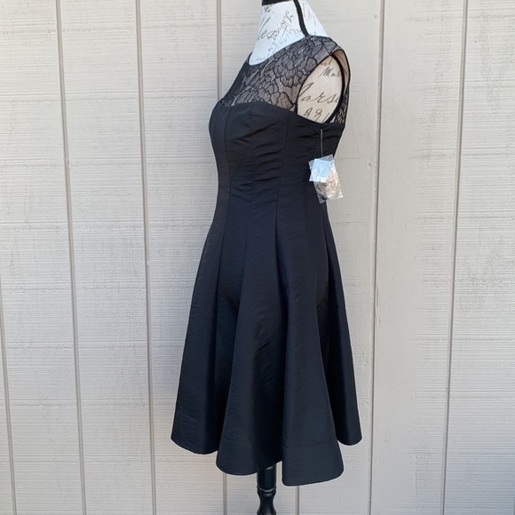 London Times Fit and Flare Dress Black/Nude Satin and Lace Dress - Picture 5 of 12